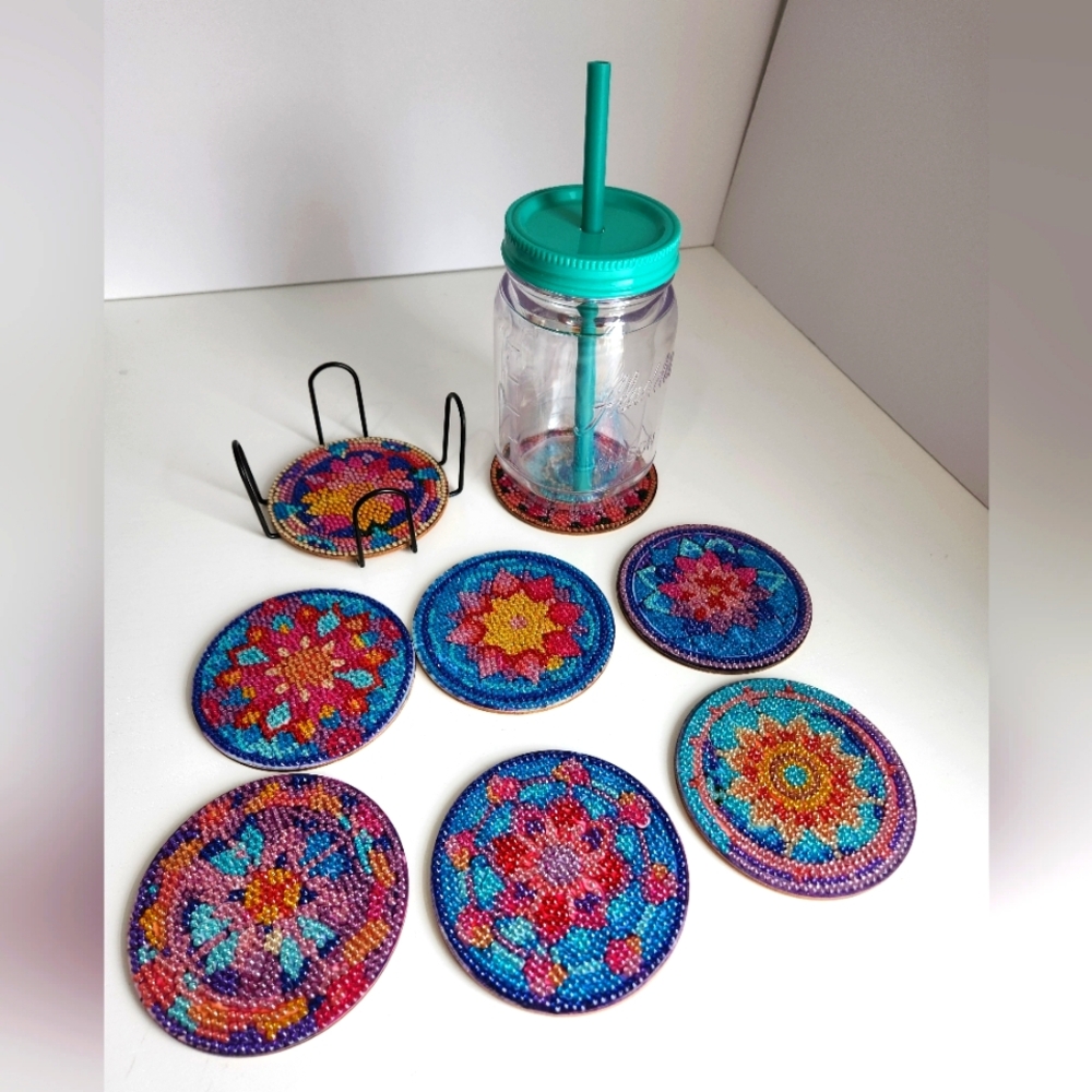 8 Pcs Complete Flower Mandala Pattern Boho Coasters set Waterproof Diamond Art